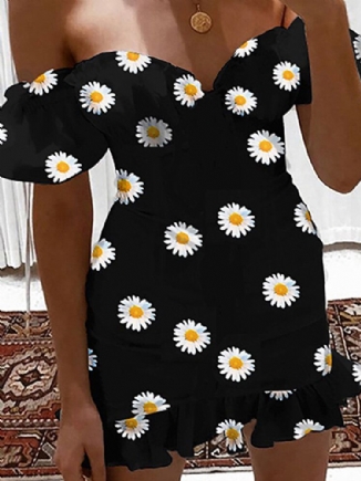 Schickes Schulterfreies Kurzärmliges Lässiges Minikleid Mit Gänseblümchen-print