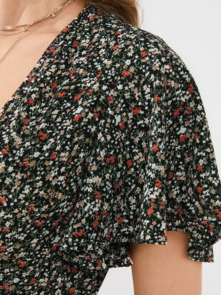 Tägliches Lässiges Floral Gewickeltes Kurzes Bedrucktes Minikleid Mit V-ausschnitt Und V-ausschnitt