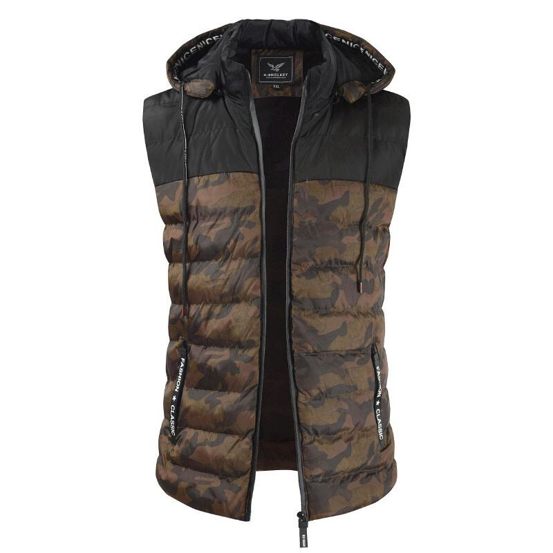 Herren-camouflage-patchwork-weste Mit Abnehmbarer Kapuze Und Dicker Warmer Wattierung