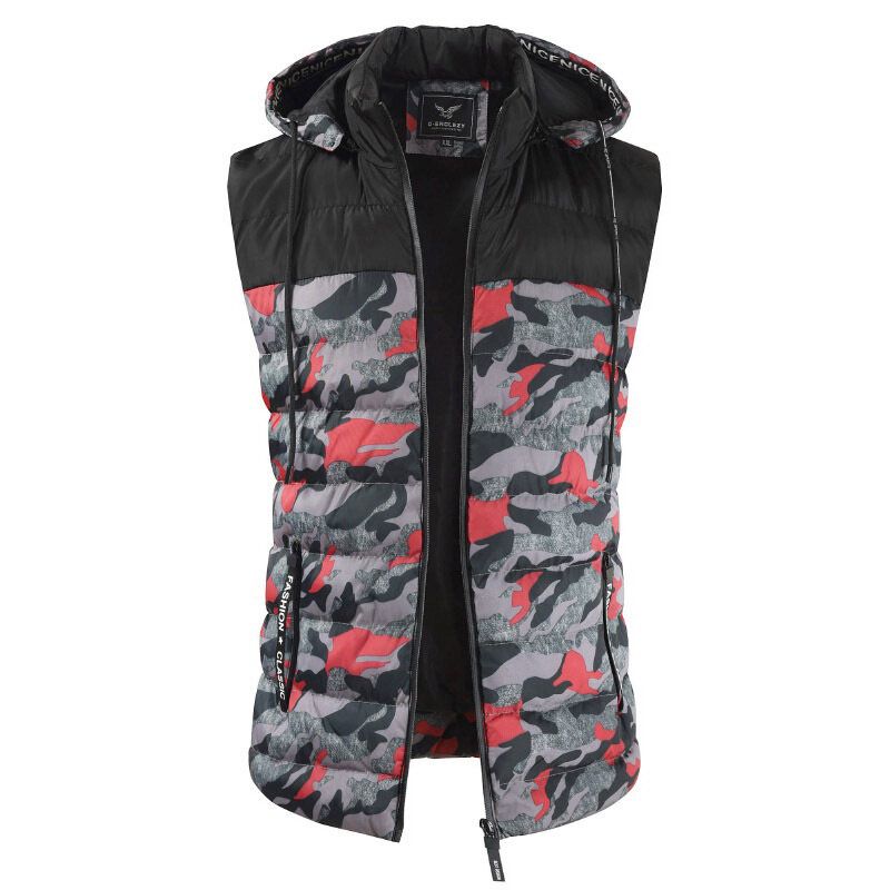 Herren-camouflage-patchwork-weste Mit Abnehmbarer Kapuze Und Dicker Warmer Wattierung