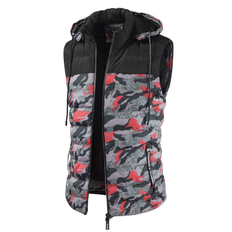 Herren-camouflage-patchwork-weste Mit Abnehmbarer Kapuze Und Dicker Warmer Wattierung