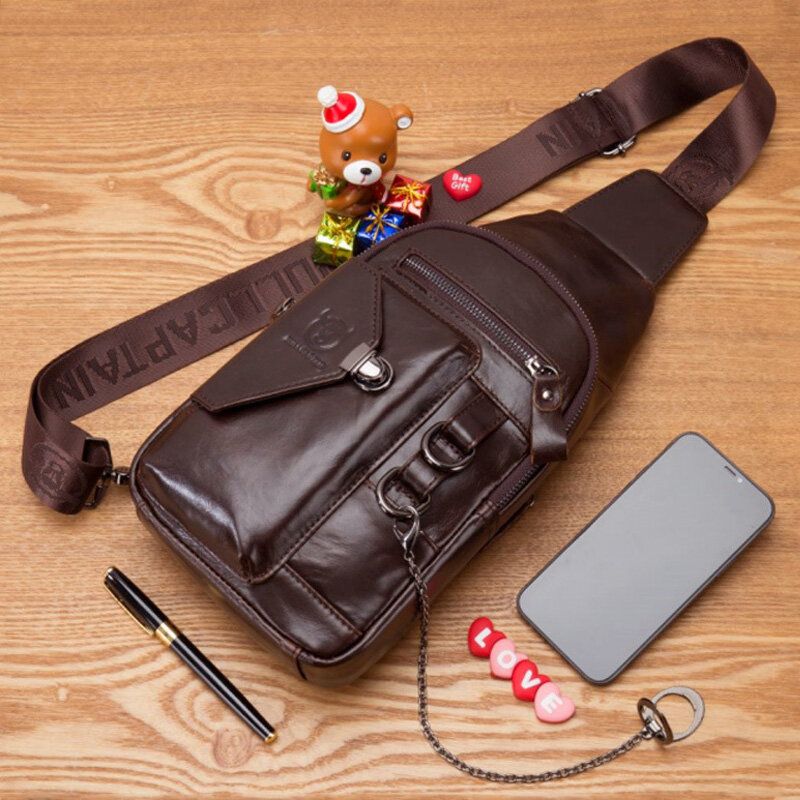 Bullcaptian Herren Multi-pocket Weichleder Brusttasche Vintage Handyhalter Kette Umhängetasche