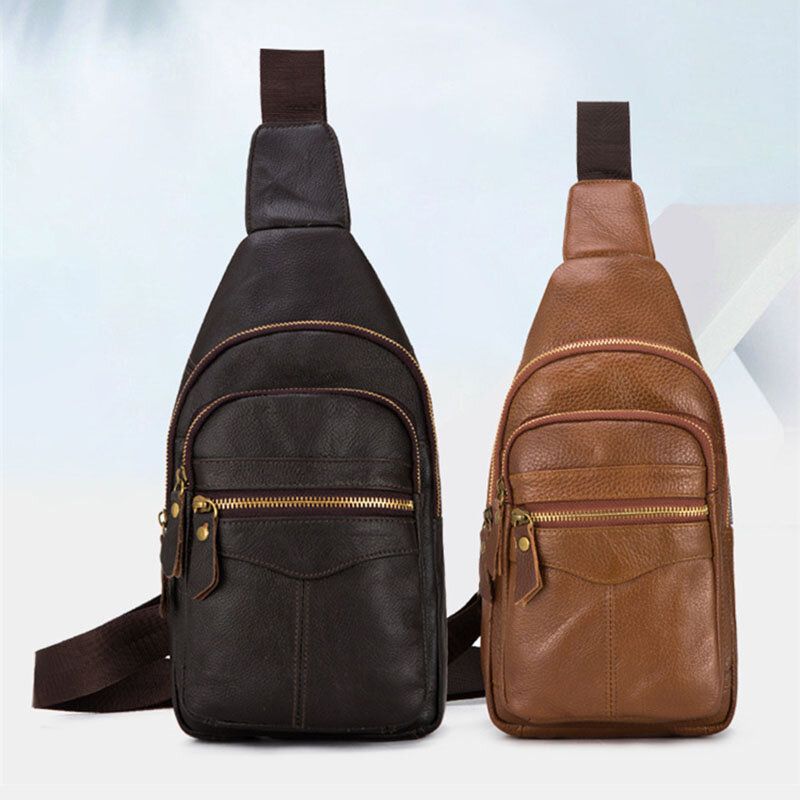 Herren Echtes Leder Mehrlagig Wasserdicht Lässig Umhängetasche Brusttasche Sling Bag