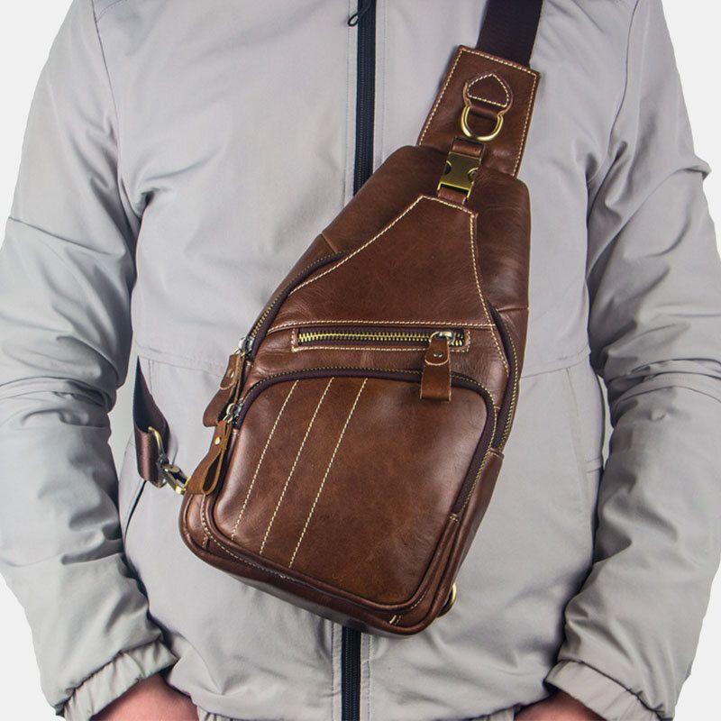 Herren Echtes Leder Retro Business Casual Volltonfarbe Leder Umhängetasche Umhängetasche Brusttasche