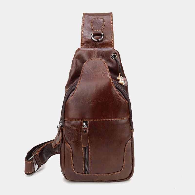 Herren First Layer Rindsleder Retro Multi-pocket Kopfhörer Loch Design Brusttasche Umhängetasche