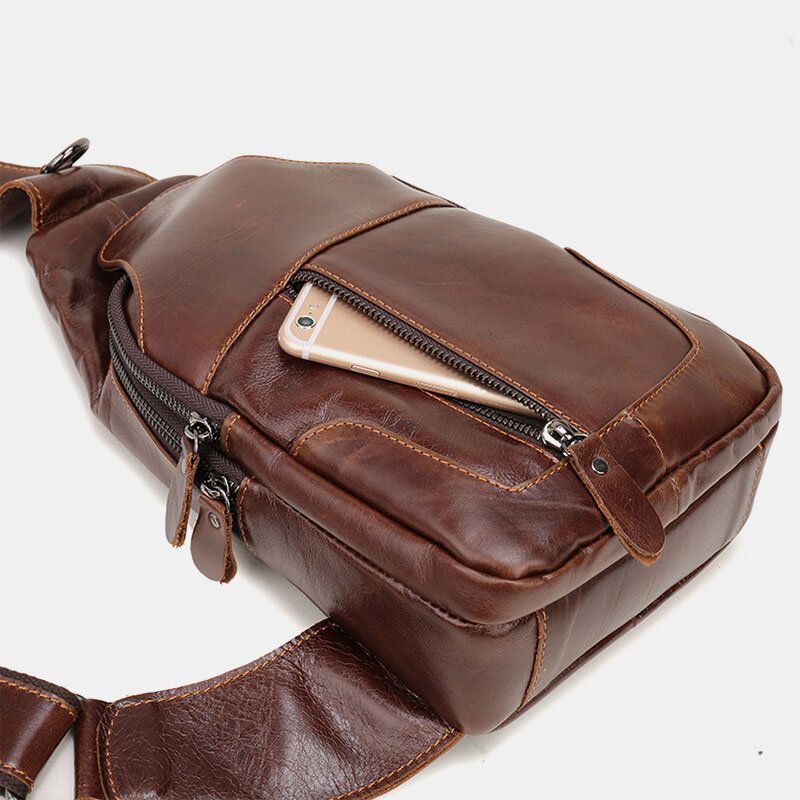 Herren First Layer Rindsleder Retro Multi-pocket Kopfhörer Loch Design Brusttasche Umhängetasche