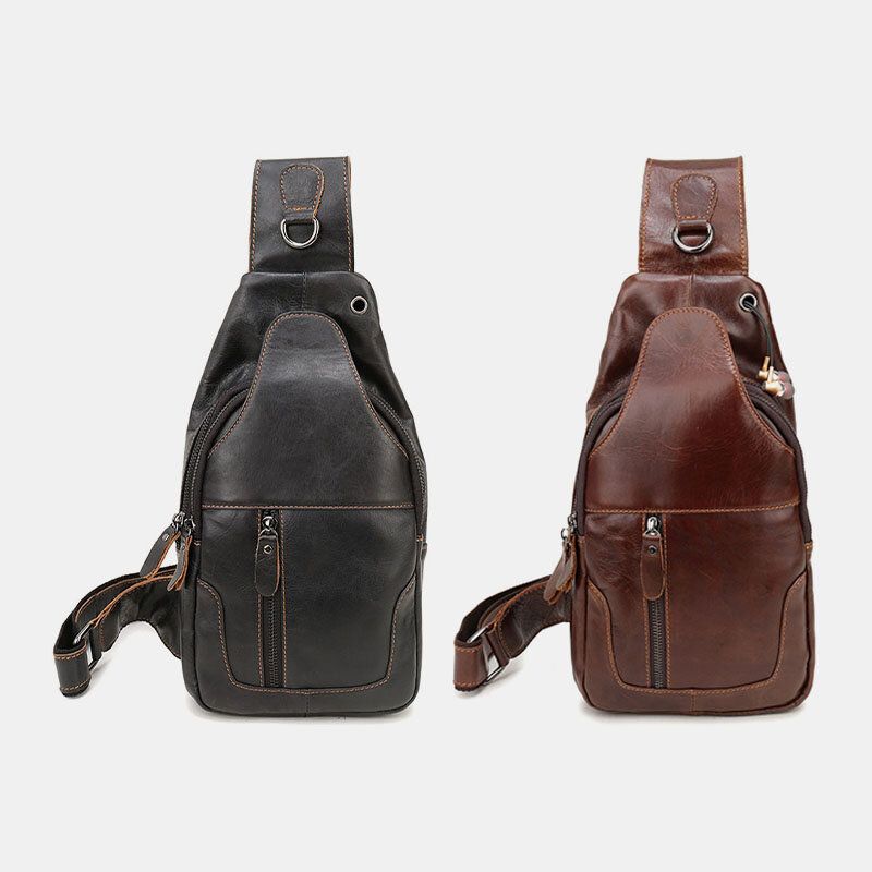 Herren First Layer Rindsleder Retro Multi-pocket Kopfhörer Loch Design Brusttasche Umhängetasche