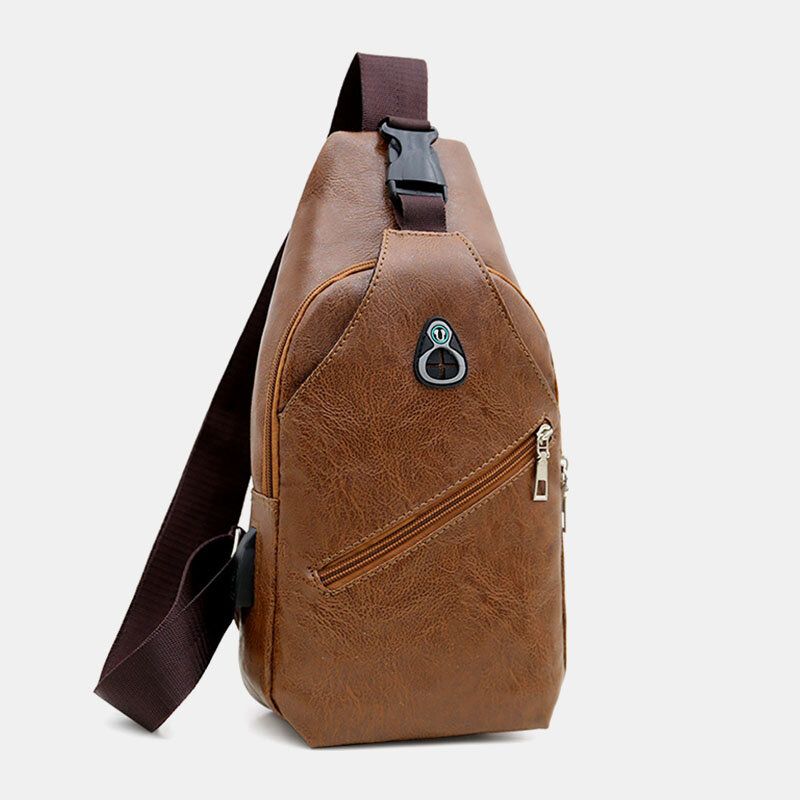 Herren Kunstleder Usb Ladekopfhörer Reise Retro Business Brusttasche Umhängetasche