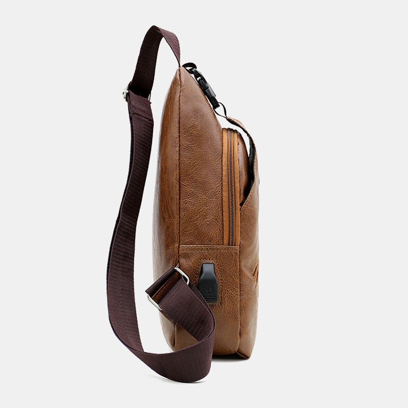 Herren Kunstleder Usb Ladekopfhörer Reise Retro Business Brusttasche Umhängetasche