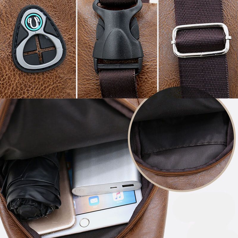 Herren Kunstleder Usb Ladekopfhörer Reise Retro Business Brusttasche Umhängetasche