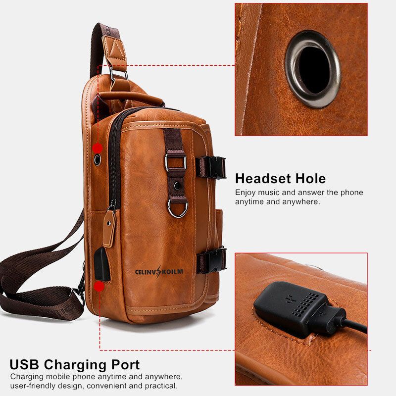 Männer Pu-leder Große Kapazität Multifunktions-headset-loch Usb-aufladung Kurztrip-schultertaschen Umhängetasche Brusttasche