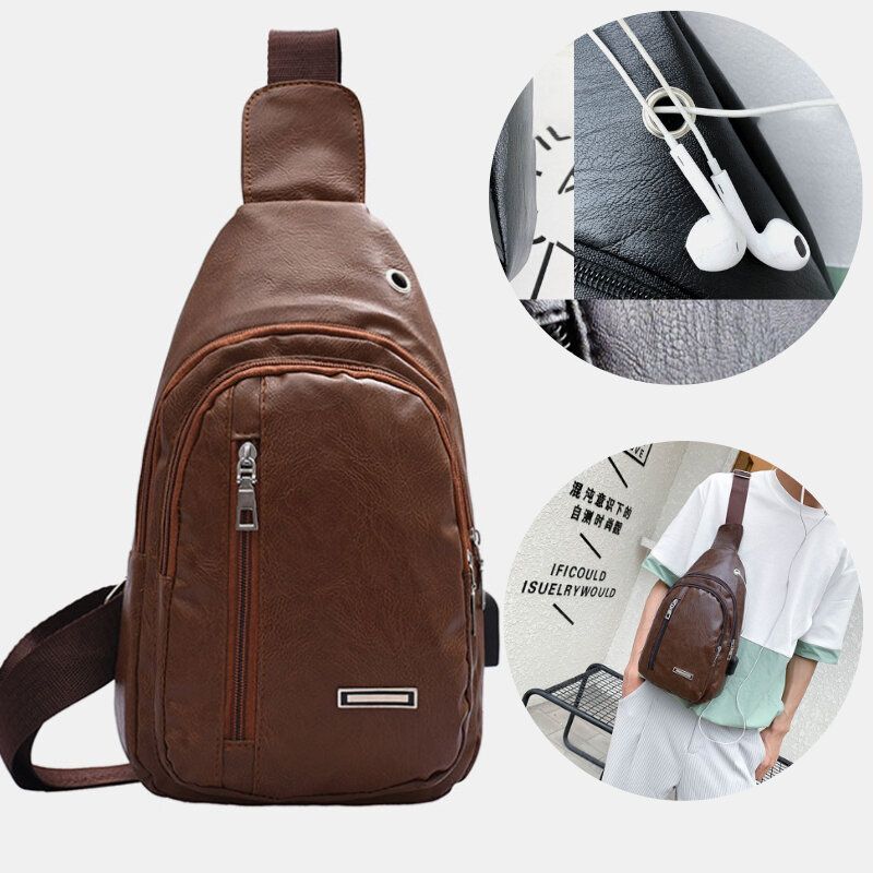 Männer Pu-leder Kopfhörer Loch Multi-carry Wasserdichte Umhängetasche Brusttasche Sling Bag