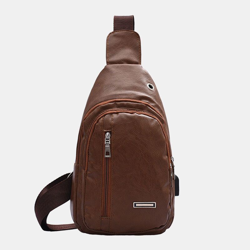 Männer Pu-leder Kopfhörer Loch Multi-carry Wasserdichte Umhängetasche Brusttasche Sling Bag