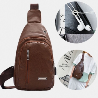 Männer Pu-leder Kopfhörer Loch Multi-carry Wasserdichte Umhängetasche Brusttasche Sling Bag