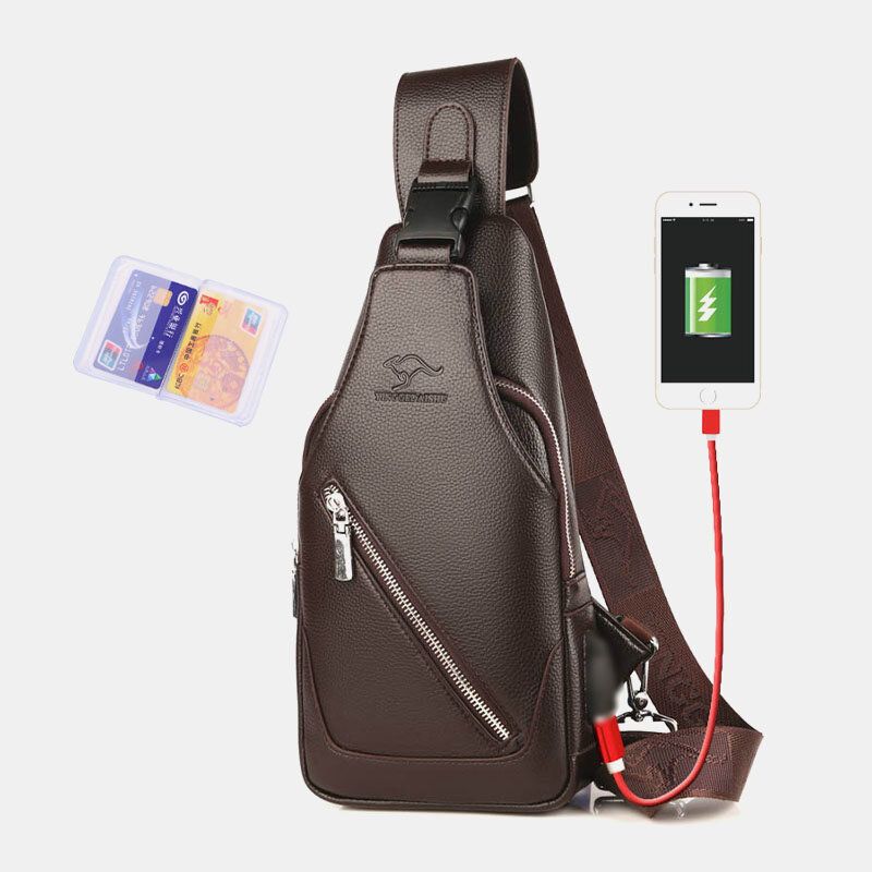 Männer Pu-leder Usb-aufladung Wasserdicht Kopfhörer Loch Business Umhängetasche Brusttasche Sling Bag