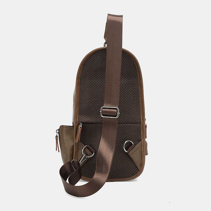 Männer Pu-leder Vintage Multifunktions-kopfhörer-loch Usb-lade Umhängetasche Brusttasche Sling Bag