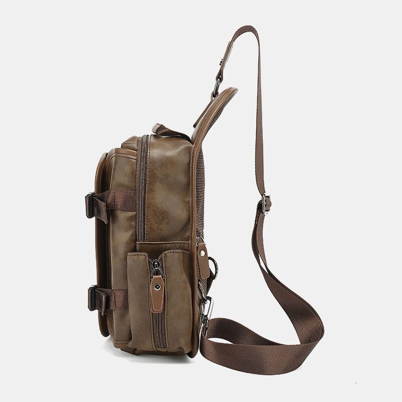 Männer Pu-leder Vintage Multifunktions-kopfhörer-loch Usb-lade Umhängetasche Brusttasche Sling Bag