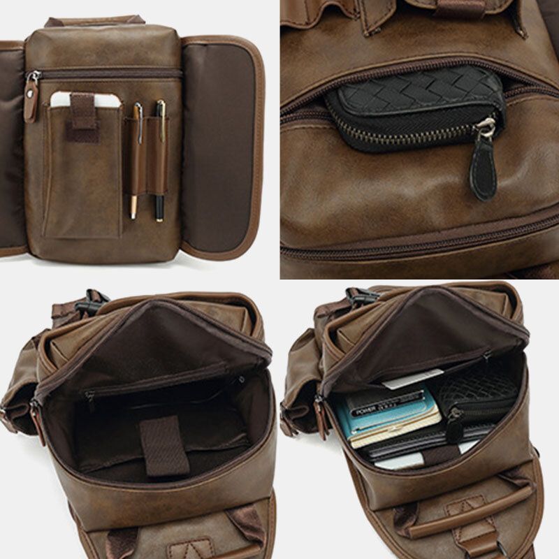 Männer Pu-leder Vintage Multifunktions-kopfhörer-loch Usb-lade Umhängetasche Brusttasche Sling Bag