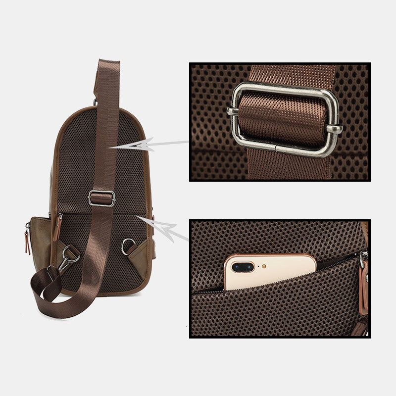 Männer Pu-leder Vintage Multifunktions-kopfhörer-loch Usb-lade Umhängetasche Brusttasche Sling Bag