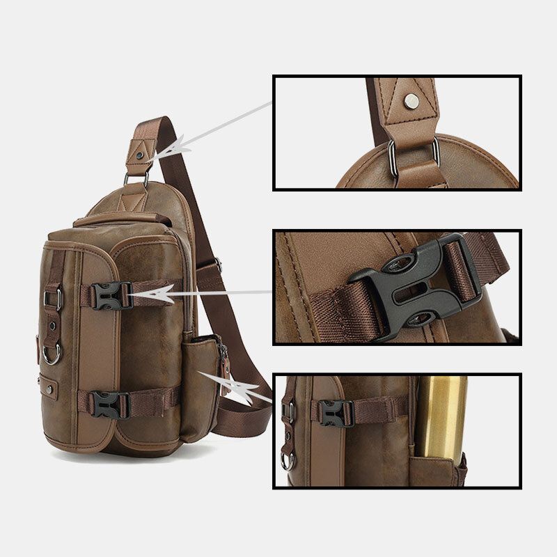 Männer Pu-leder Vintage Multifunktions-kopfhörer-loch Usb-lade Umhängetasche Brusttasche Sling Bag