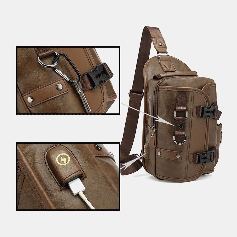 Männer Pu-leder Vintage Multifunktions-kopfhörer-loch Usb-lade Umhängetasche Brusttasche Sling Bag