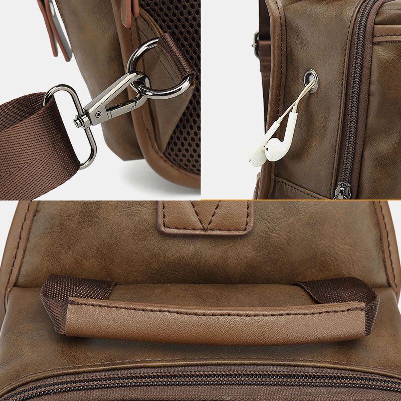 Männer Pu-leder Vintage Multifunktions-kopfhörer-loch Usb-lade Umhängetasche Brusttasche Sling Bag