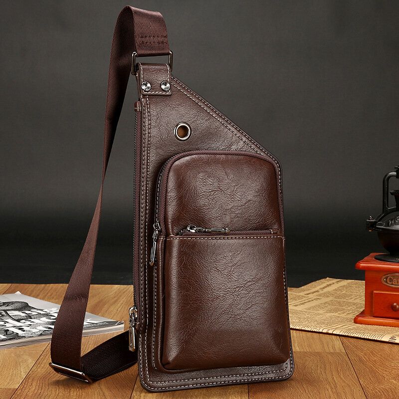 Männer Retro Pu-leder Kopfhörer Loch Design Brusttasche Wasserdichter Reißverschluss Umhängetasche Mit Mehreren Taschen Umhängetasche