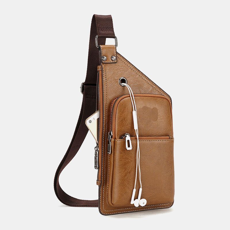 Männer Retro Pu-leder Kopfhörer Loch Design Brusttasche Wasserdichter Reißverschluss Umhängetasche Mit Mehreren Taschen Umhängetasche