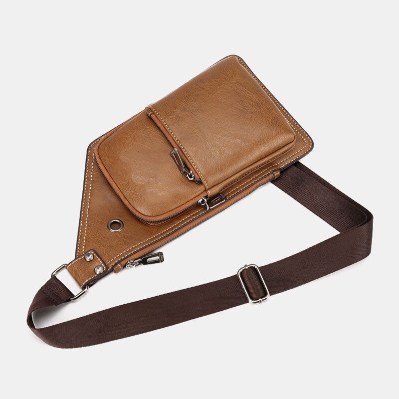 Männer Retro Pu-leder Kopfhörer Loch Design Brusttasche Wasserdichter Reißverschluss Umhängetasche Mit Mehreren Taschen Umhängetasche