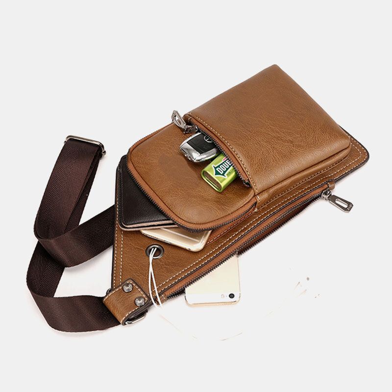 Männer Retro Pu-leder Kopfhörer Loch Design Brusttasche Wasserdichter Reißverschluss Umhängetasche Mit Mehreren Taschen Umhängetasche