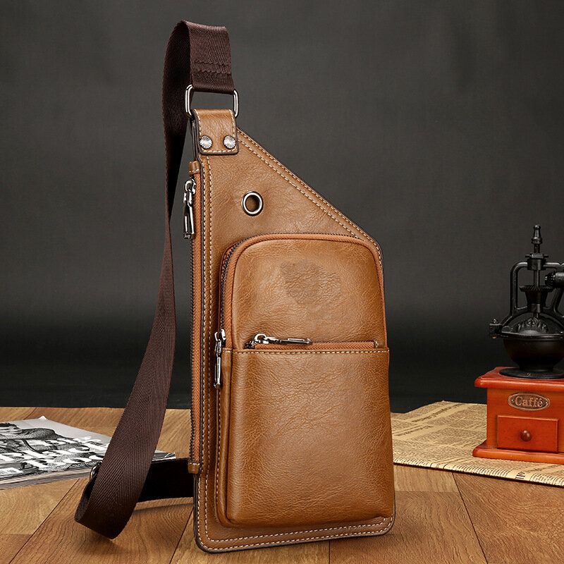 Männer Retro Pu-leder Kopfhörer Loch Design Brusttasche Wasserdichter Reißverschluss Umhängetasche Mit Mehreren Taschen Umhängetasche