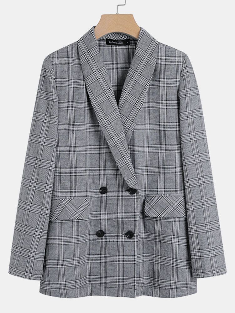 Damen Plaid Zweireiher Revers Casual Langarm Dünne Blazer