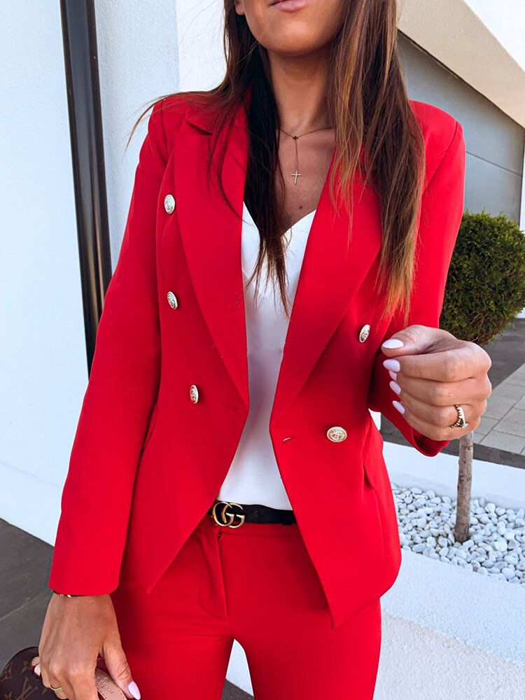 Einfarbiger Zweireihiger Eleganter Ol-blazer Mit Revers Für Damen