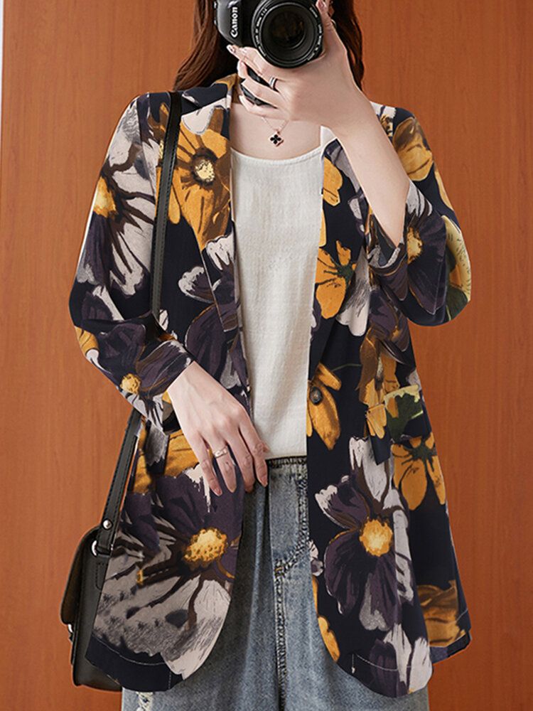 Frauen Full Sleeve Revers Floral Bohemian Freizeit Retro Dünner Anzug