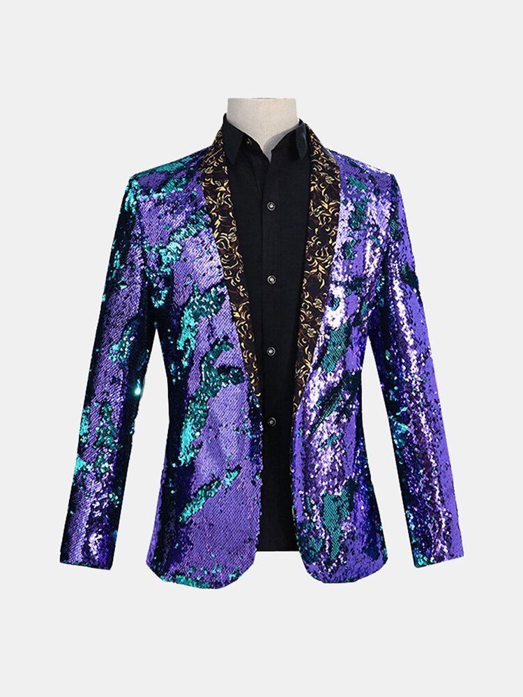 Zweifarbiger Pailletten-anzug Für Herren Wendbar Für Bühne Hochzeit Blumenkragen Freizeit-blazer