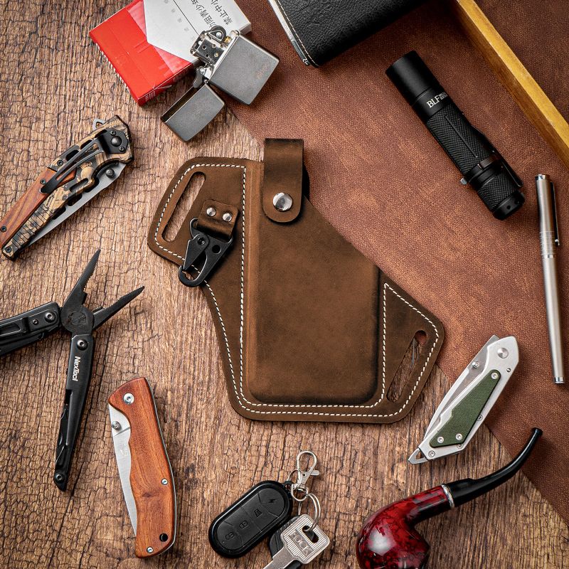 Herren Echtes Leder Edc Multitool Handy Schlüsselanhänger Organizer Gürteltasche