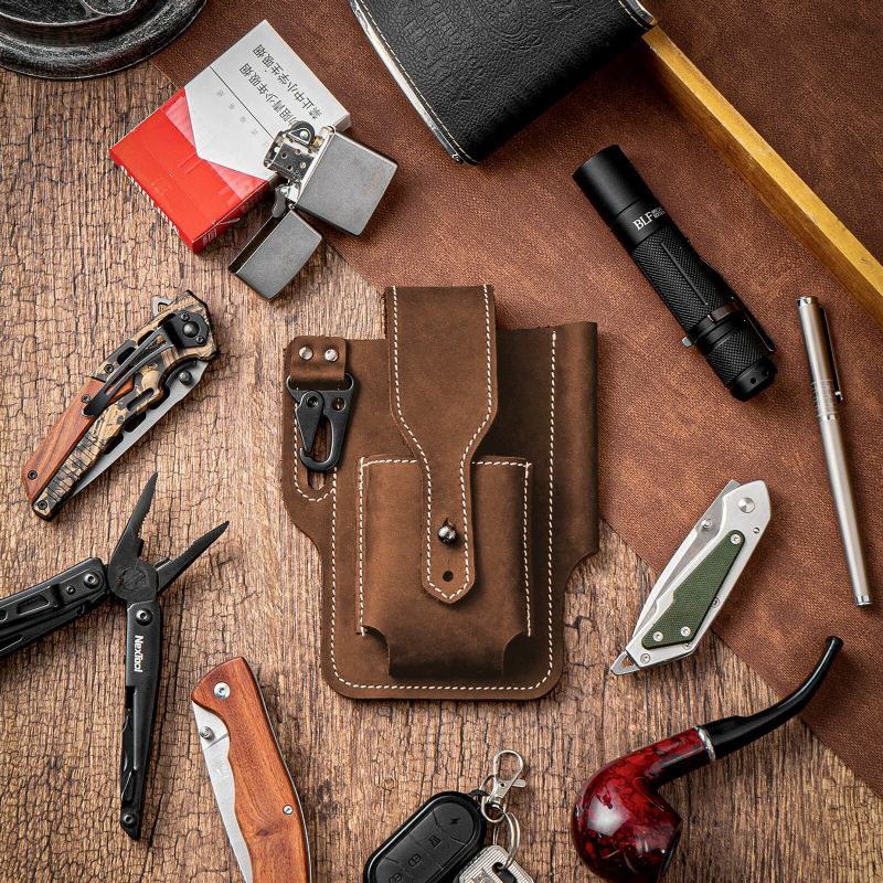 Herren Echtes Leder Edc Multitool Stift Schlüsselanhänger Organizer Gürteltasche