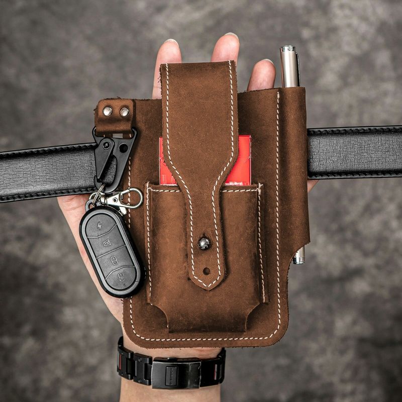 Herren Echtes Leder Edc Multitool Stift Schlüsselanhänger Organizer Gürteltasche