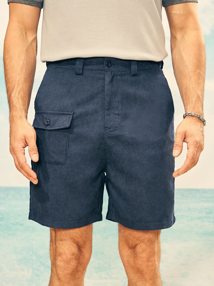 Einfarbige Gerippte Herren-shorts Mit Mehreren Taschen Und Gürtel