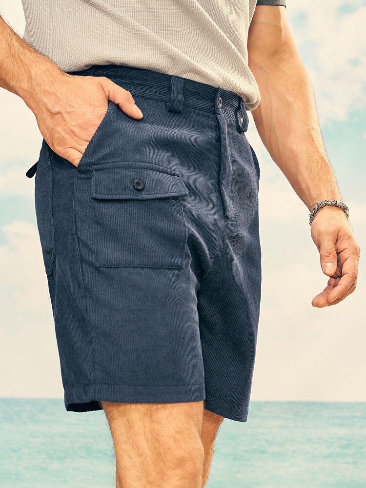 Einfarbige Gerippte Herren-shorts Mit Mehreren Taschen Und Gürtel