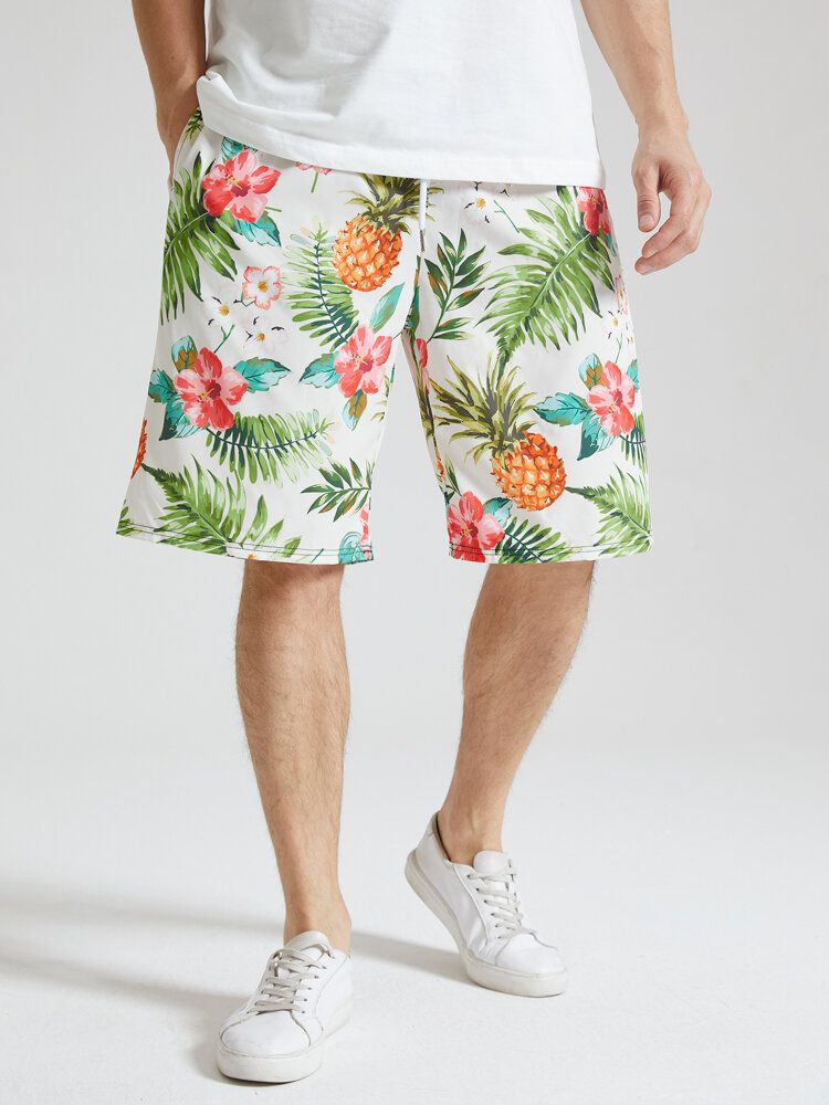 Herren-shorts Mit Durchgehendem Ananas-blumendruck Und Festlichem Kordelzug