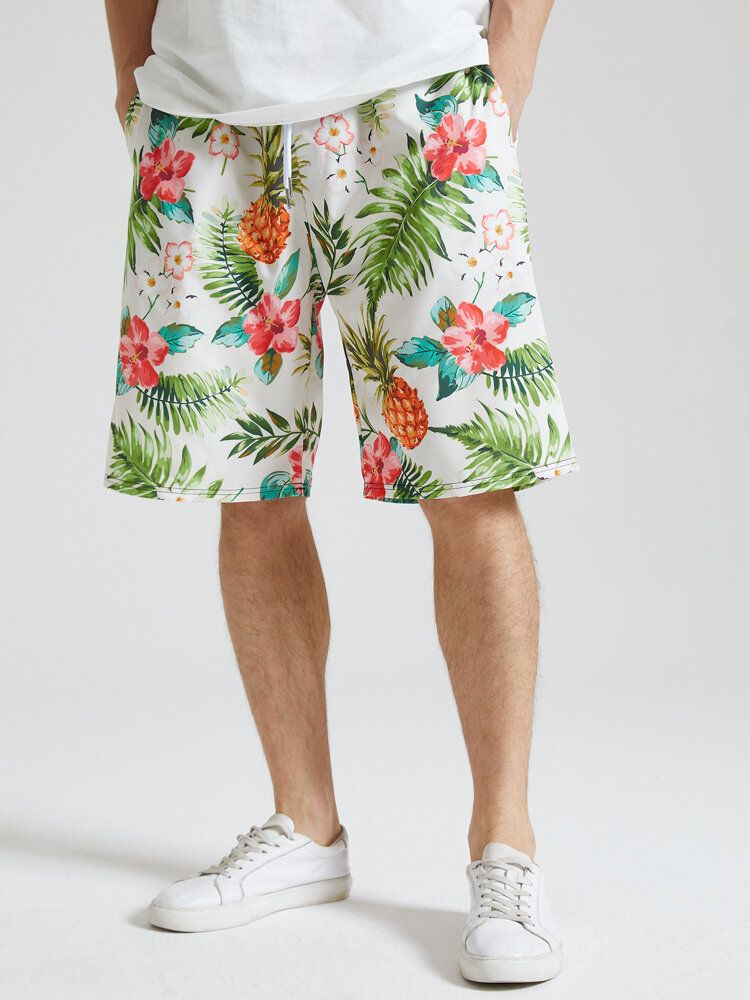 Herren-shorts Mit Durchgehendem Ananas-blumendruck Und Festlichem Kordelzug