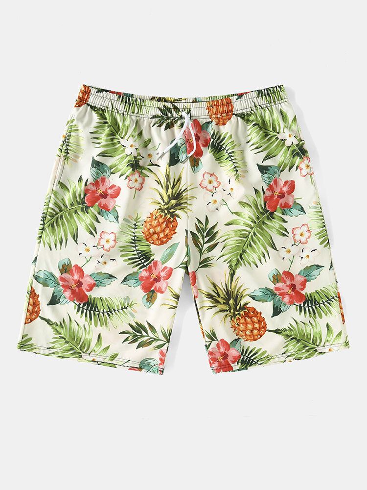 Herren-shorts Mit Durchgehendem Ananas-blumendruck Und Festlichem Kordelzug