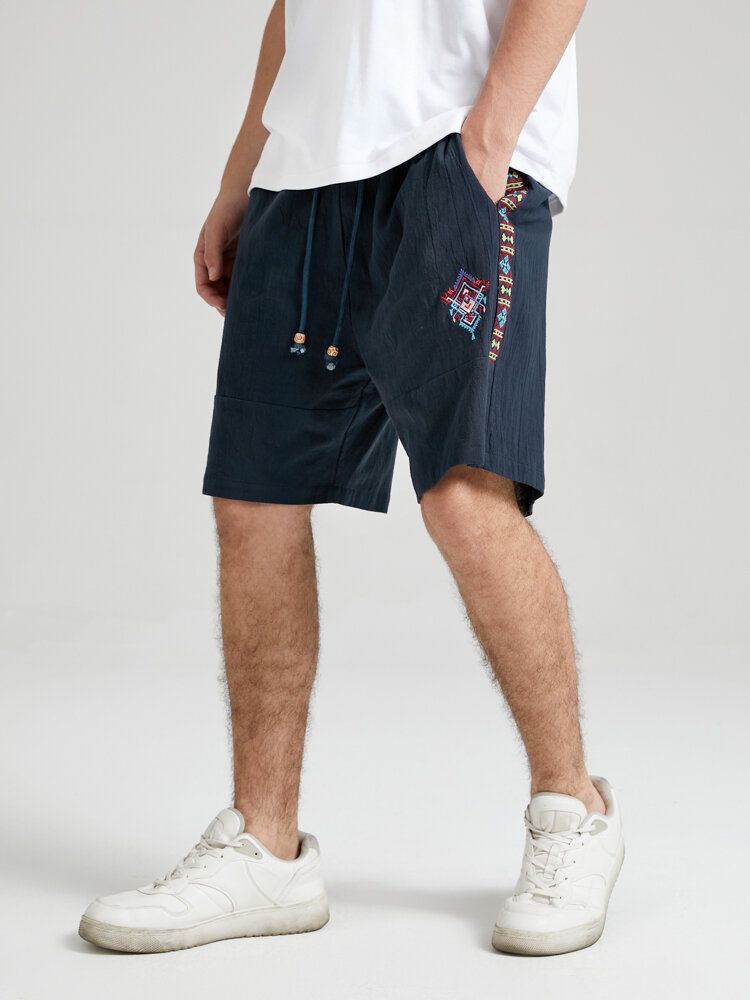 Herren-shorts Mit Ethnischem Geometrischem Muster Aus Bestickter Baumwolle Mit Lockerem Kordelzug