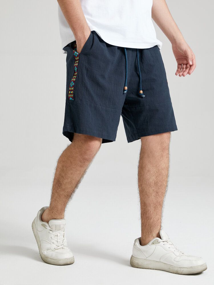 Herren-shorts Mit Ethnischem Geometrischem Muster Aus Bestickter Baumwolle Mit Lockerem Kordelzug