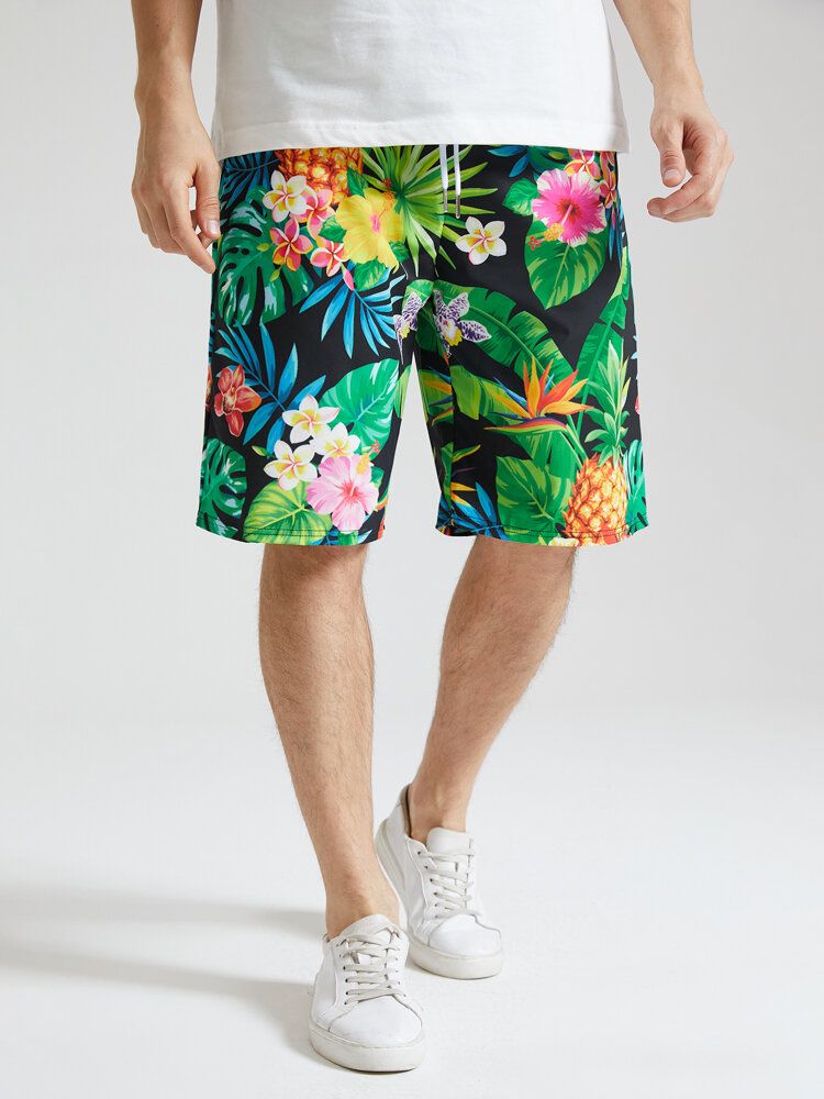 Herren-shorts Mit Tropischem Ananas-print Und Mittellangem Kordelzug