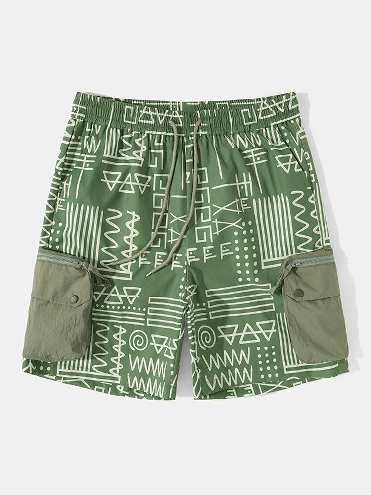 Herren Shorts Mit Zwei Großen Taschen Und Geometrischem Muster In Mittlerer Länge Mit Kordelzug