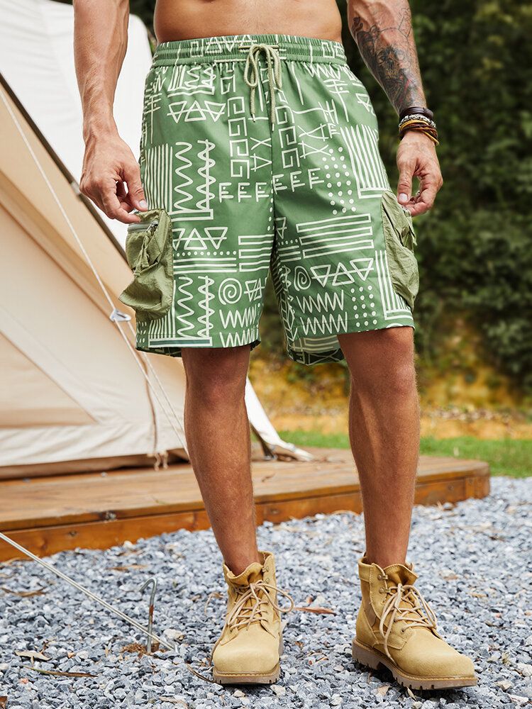 Herren Shorts Mit Zwei Großen Taschen Und Geometrischem Muster In Mittlerer Länge Mit Kordelzug