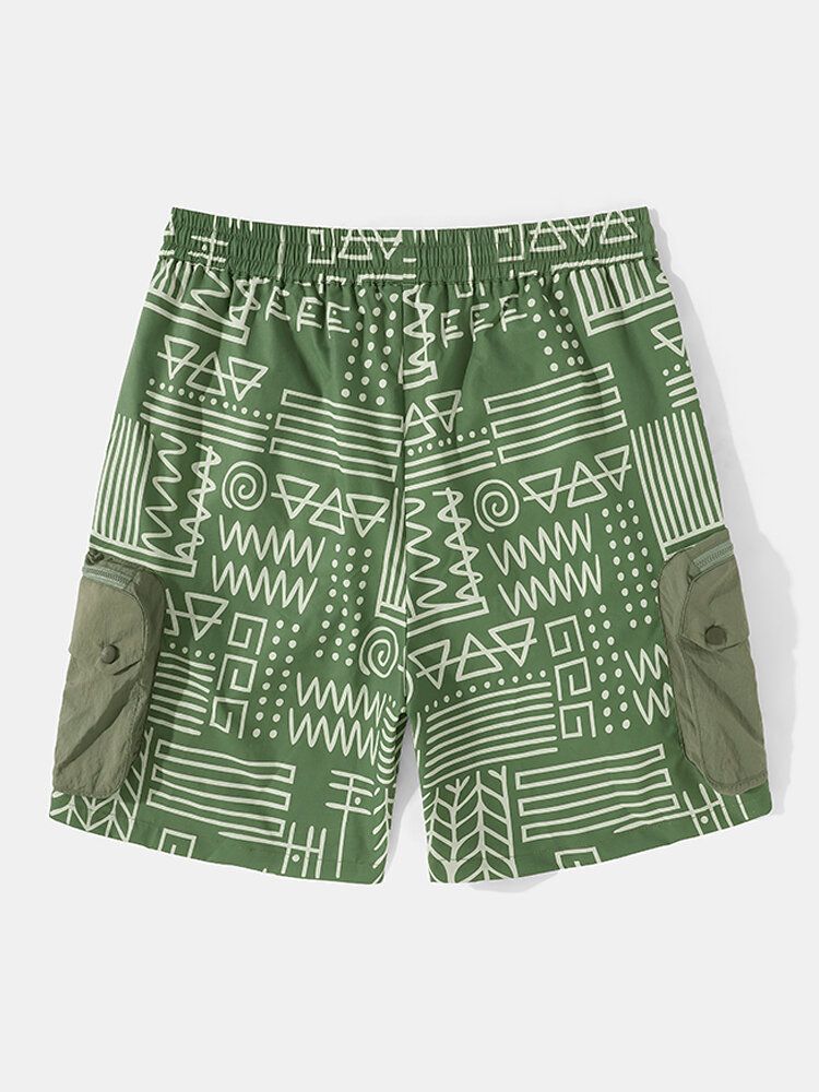 Herren Shorts Mit Zwei Großen Taschen Und Geometrischem Muster In Mittlerer Länge Mit Kordelzug