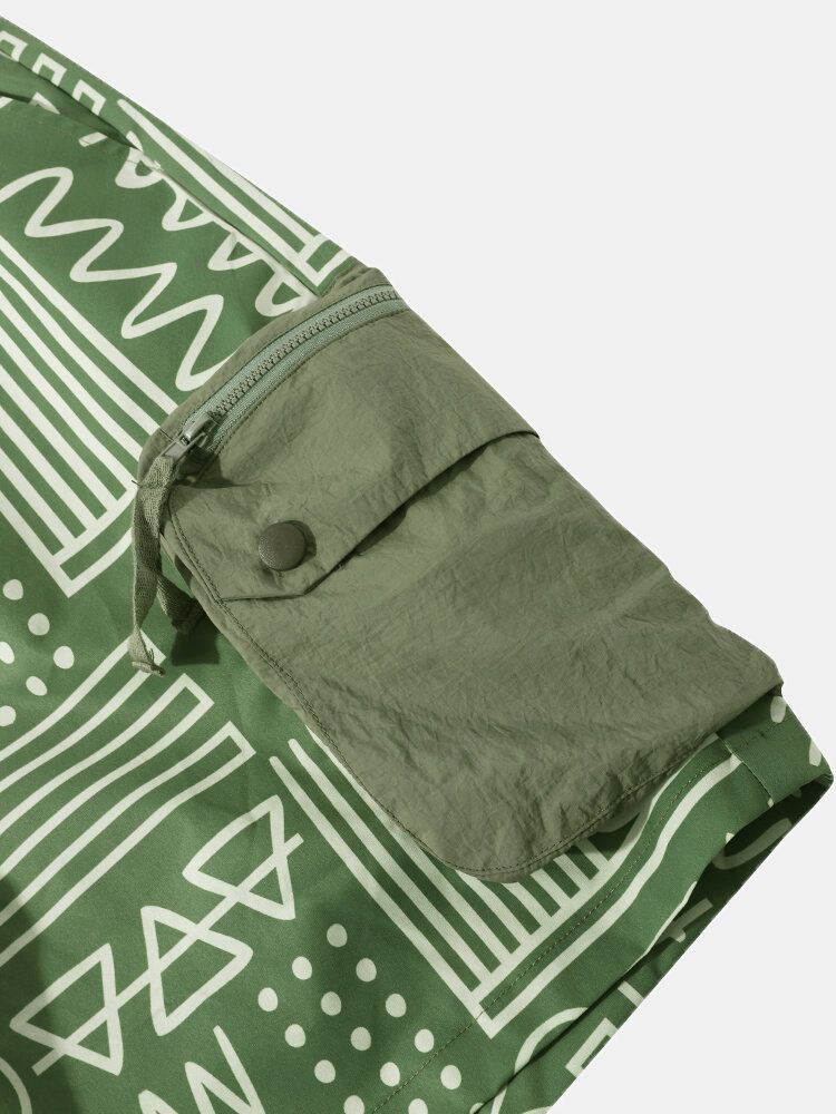 Herren Shorts Mit Zwei Großen Taschen Und Geometrischem Muster In Mittlerer Länge Mit Kordelzug